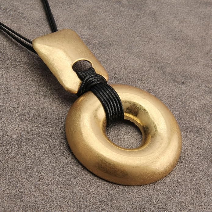 GelConnie Leather Necklace for Women Large Pendant Long Brown Necklace Circle Leather Choker Vintage Sweater Necklace Gold Chunky Boho Necklaces for Women