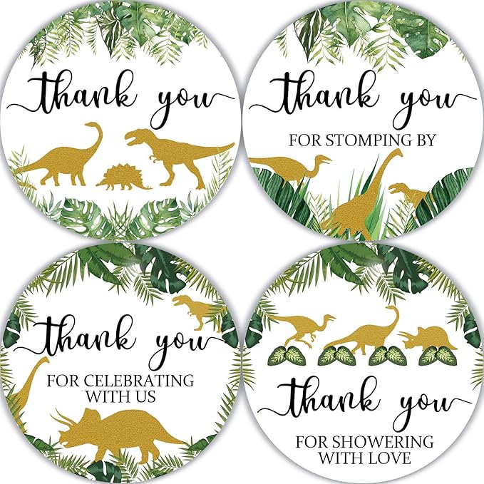 80 Pieces Cute Dinosaur Thank You Stickers, Boy Baby Shower Birthday Party Decorate Watercolor Little Dino Themed Round Party Gift Wrap Bag Label Decorations, 4 Design Stickers