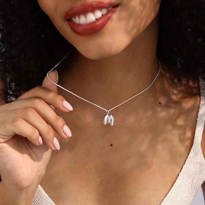 Bubble Gold Silver Letter Necklace Initial Necklaces for Women Trendy 14K Dainty Charm Pendant Name Necklace Personalized Jewelry Gift for Women Teen