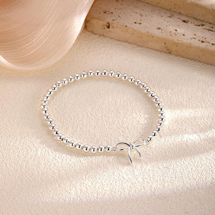 Gold Bracelets for Women, Cute 14K Gold/Silver Plated Stretch Beaded Bracelets for Women Trendy Stackable Charm Bracelet Dainty Adjustable Waterproof Non Tarnish Jewelry Gifts for Her