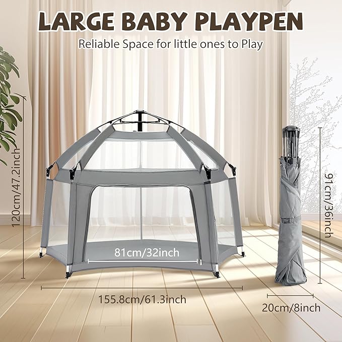 Portable Baby Playpen with Inflatable Mattress & Sunshade,Outdoor Baby Playpen for Babies and Toddlers,Foldable Pop Up Play Tent for Home, Park, Beach and Camping,Beach playpen-Light Gray