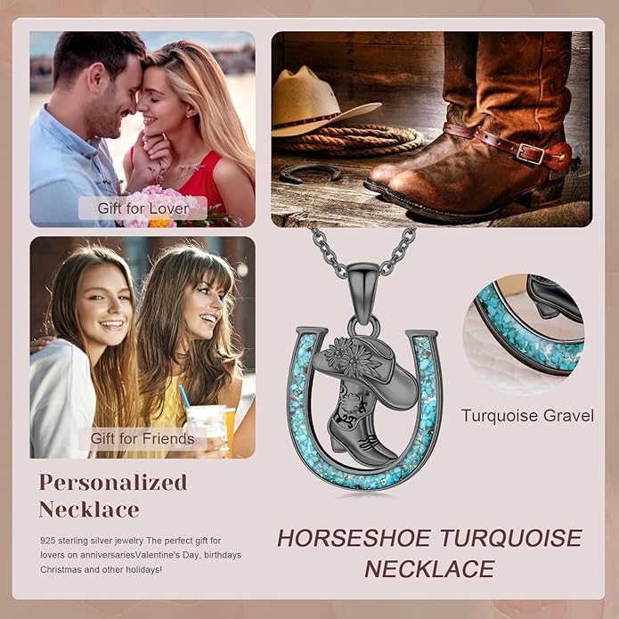 Western Cowboy Necklace 925 Sterling Silver Horseshoe Pendant Western Jewelry Cowgirl Gifts for Women Girlfriend Cowboy Cowgirl