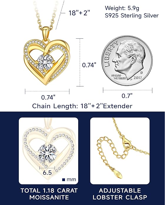 MomentWish Heart Necklace for Women Moissanite, Simulated Diamond, 925 Sterling Silver