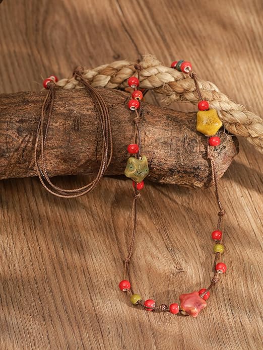 MINACHI Hippie Bohemian Colorful Ceramic Bead Long Strand Necklace, Boho Hippie Beach Summer Statement Jewelry Gift for Women