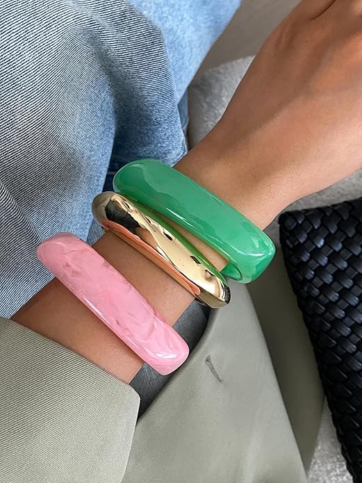 ALEXTINA 3Pcs Acrylic Resin Bangles for Women, Wide Resin Bracelets Chunky Cuff Bracelets Set Stackable Bracelets, Summer Vacation Jewelry Gift for Women