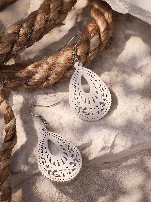 MINACHI Bohemian Hollow Cut-Out Wood Leather Dangle Drop Earrings, Boho Chic Hippie Statement Jewelry Gift for Women