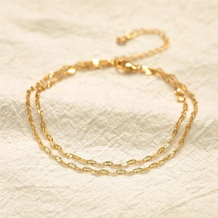 Ankle Bracelets for Women, Glitter Waterproof Adjustable Anklet for Women, 14K Gold Plated/Sterling Silver Layered Anklets, Summer Beach Anklet Jewelry for Women Gift