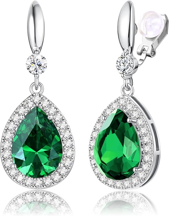 THUNARAZ Elegant Clip on Earrings for Women Sparkling Teardrop Dangle Clip Earrings Non-Pierced Rhinestone Cubic Zirconia Wedding Prom Jewelry 14K Gold and Silver Tone