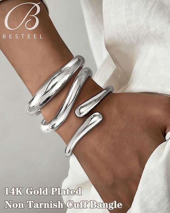 Chunky Bangle Bracelets for Women, Dainty 14k Gold Plated Big Stackable Bangles Set, Trendy Statement Women's Cuff Bracelet Stack Waterproof Chunky Bracelets Jewelry Gifts