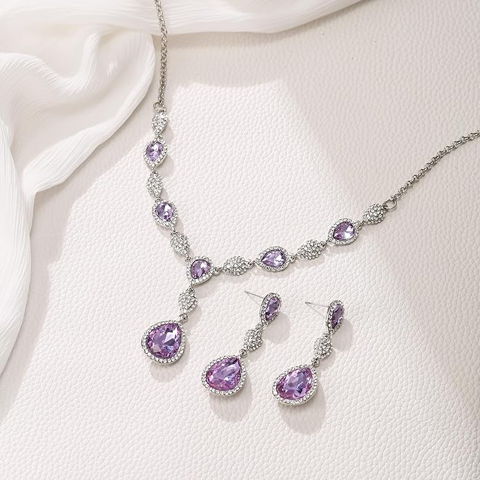 EleQueen Women's Cubic Zirconia Teardrop Y-Necklaces Dangle Earrings Jewelry Sets for Brides Bridesmaids