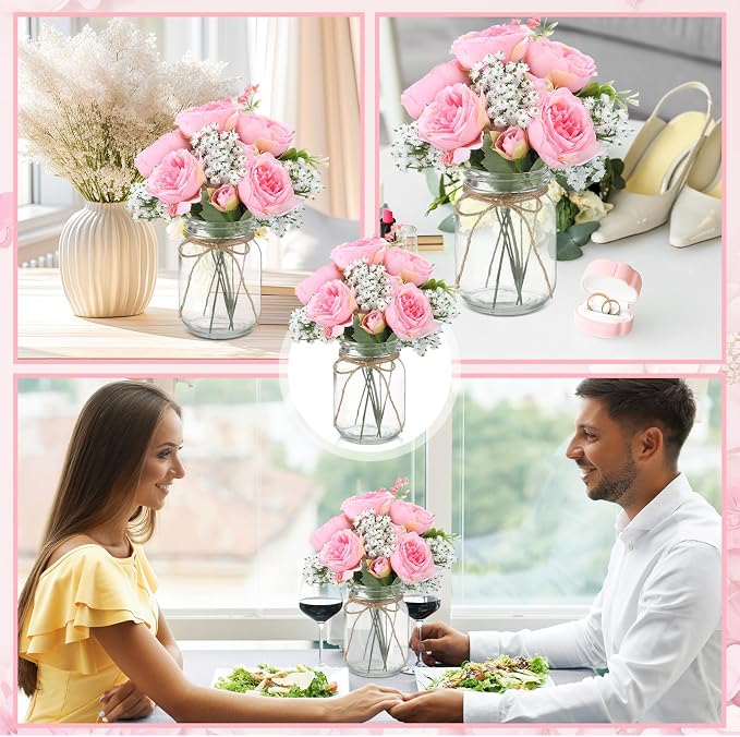 12 Sets Mason Jar Flowers Centerpiece Table Decorations, Coral Pink | Faux - Image 5