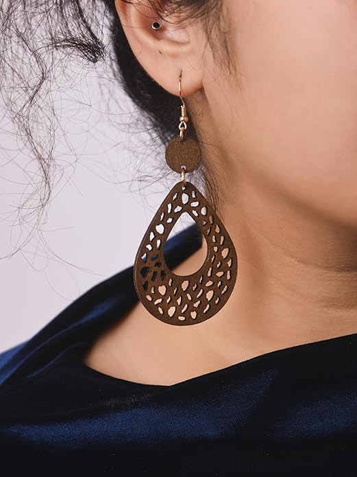 MINACHI Bohemian Hollow Cut-Out Wood Leather Dangle Drop Earrings, Boho Chic Hippie Statement Jewelry Gift for Women