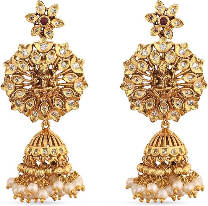 TARINIKA Brass Indian Choker Necklace Set - Gold Plated Cubic Zirconia Indian Jewelry Sets for Women Dangle, Drop, Jhumka Earrings Traditional Desi Necklace Pearls Gift for her