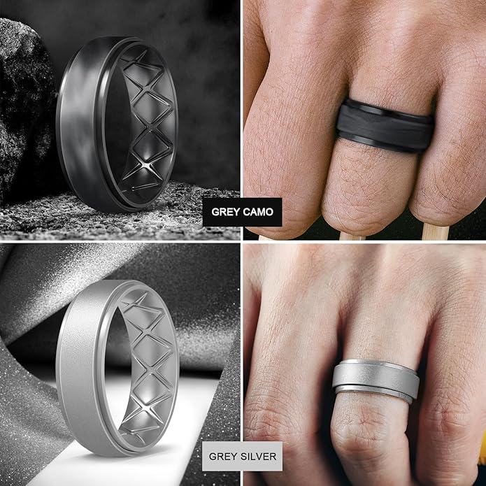 Egnaro Men's Rings 8.5mm Wide-2mm Thick Inner Arc Ergonomic Breathable Rubber Wedding bands-Hypoallergenic for Gym/Outdoor/Gift((1-7 Variety Pack with Half Size)