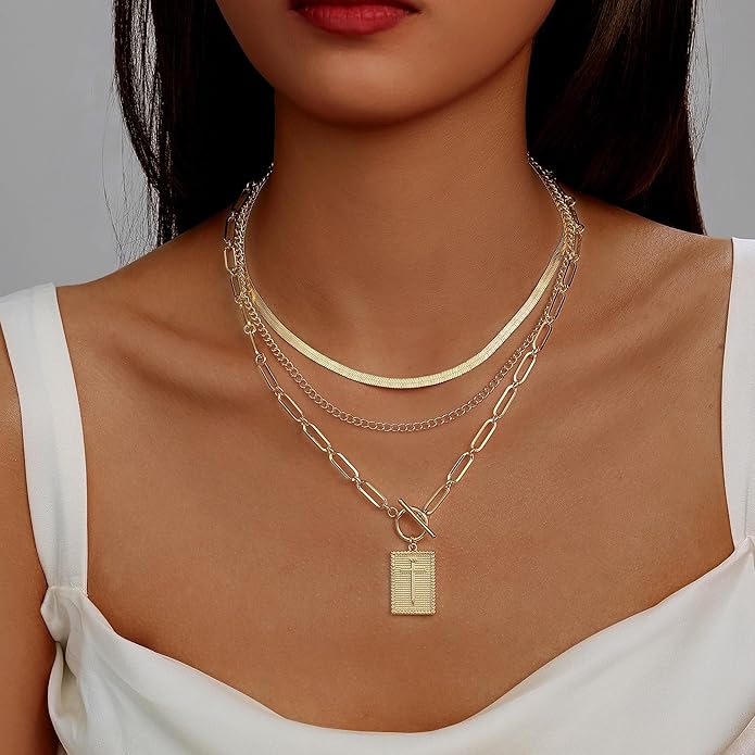 Evabelle Gold Layered Necklace for Women Trendy Jewelry 14K Real Gold Plated Chunky Chain Stackable Necklaces Dainty Choker Necklaces Rectangle Square Pendant