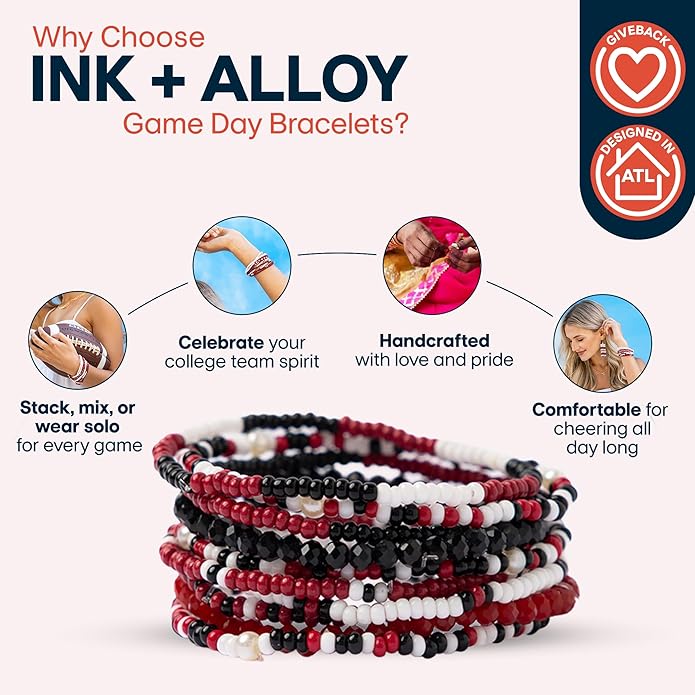 INK + ALLOY Game Day Bracelet Stacks, Beaded Bracelets for Football Gameday Outfits, Handmade Jewelry for College Students, Teachers, Football Moms, Set of 10