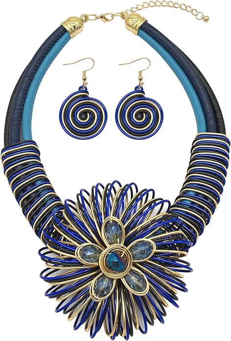 Statement African Necklace For Women African Jewelry Costume Earring Sets Tribal Fashion Colorful Big Rhinestone Crystal Pendent Collar Choker Bold Chunky Bib Handmade