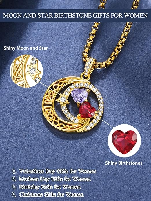 14K Gold Moon and Star Necklace Gifts for Women - Double Heart Birthstone Necklace, Valentines Wedding Anniversary Birthday Gifts for Her Wife Mom Daughter Grandma Sister