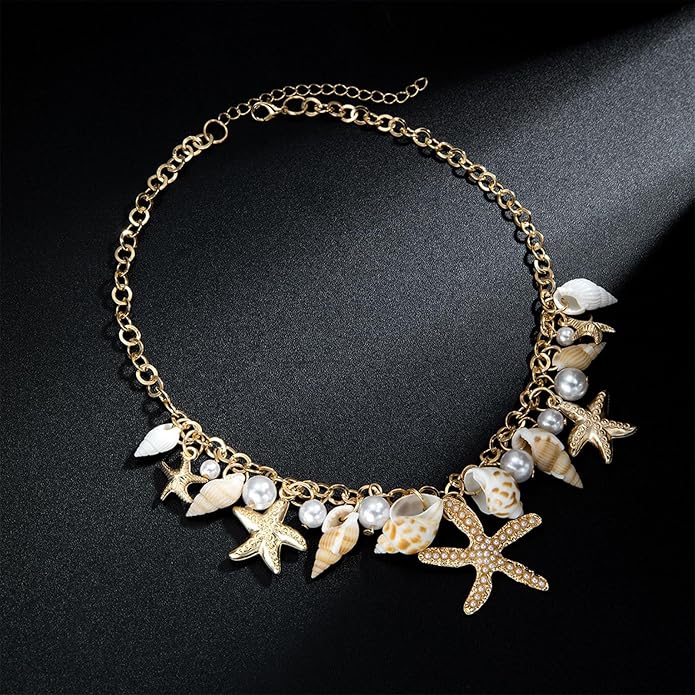 Gold Sea Shell Necklace Layered Charm Necklace for Women Boho Summer Seashell Beach Starfish Necklaces 14k Pearl Chain Surfer Jewelry Beach Vacation Essentials