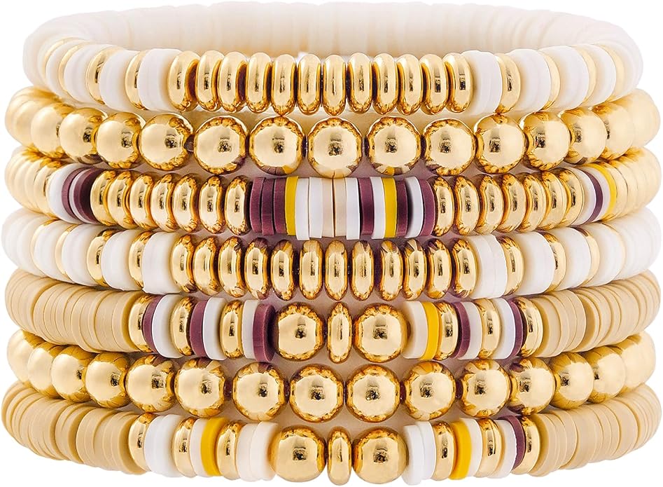 GOOJIDS Surfer Heishi Clay Bead Bracelets for Women Bohemian Stackable Gold Plated Beaded Stretch Bracelets Elastic Layering Friendship Bracelets Set Boho Jewelry