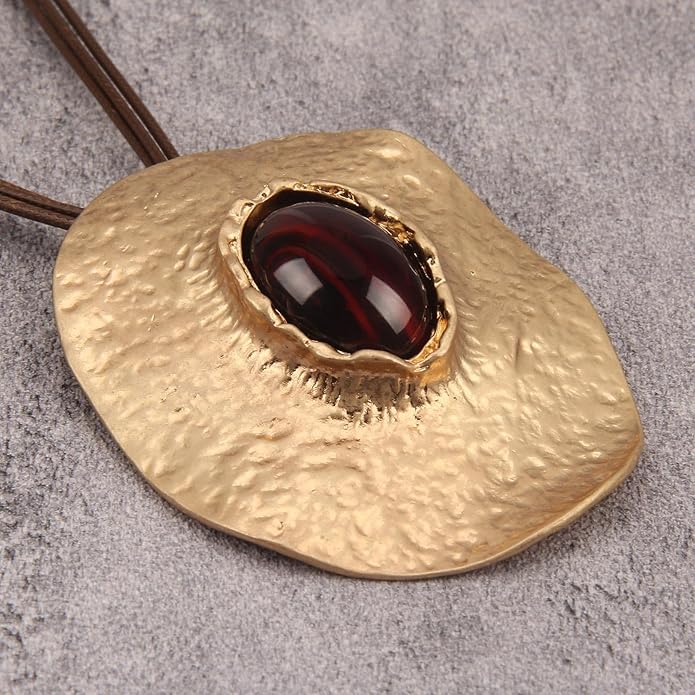GelConnie Leather Necklace for Women Large Pendant Long Brown Necklace Circle Leather Choker Vintage Sweater Necklace Gold Chunky Boho Necklaces for Women