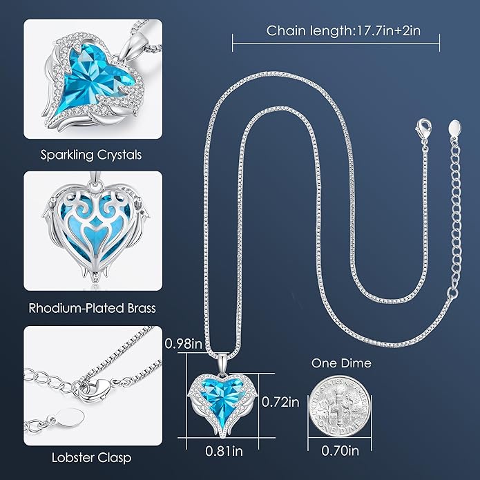 CDE Valentines Day Gifts for Women Angel Wings Necklace for Women with Birthstone, Love Heart Silver Tone/Gold Tone Pendant, Ideal Anniversary or Birthday Jewelry Gifts for Wife Girlfriend Her