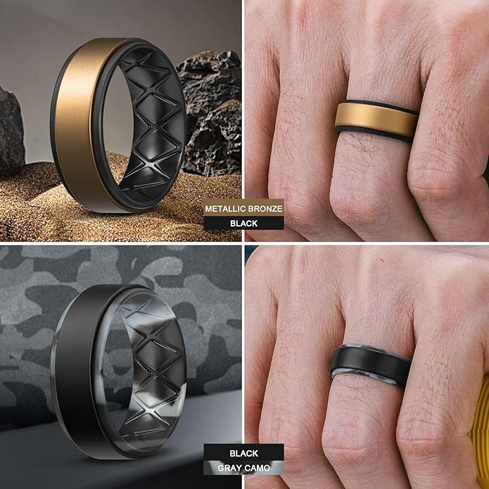 Egnaro Silicone Rings for Men 1/4/5/6/7 Multipack of Breathable Mens Silicone Rubber Wedding Rings Bands - Step Edge