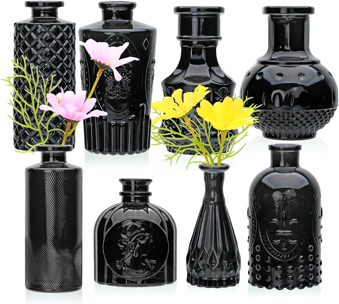 Black Flower Vase Set, Glass Bud Vase in Bulk Set of 8, Artistic and Cultural by Brajttt