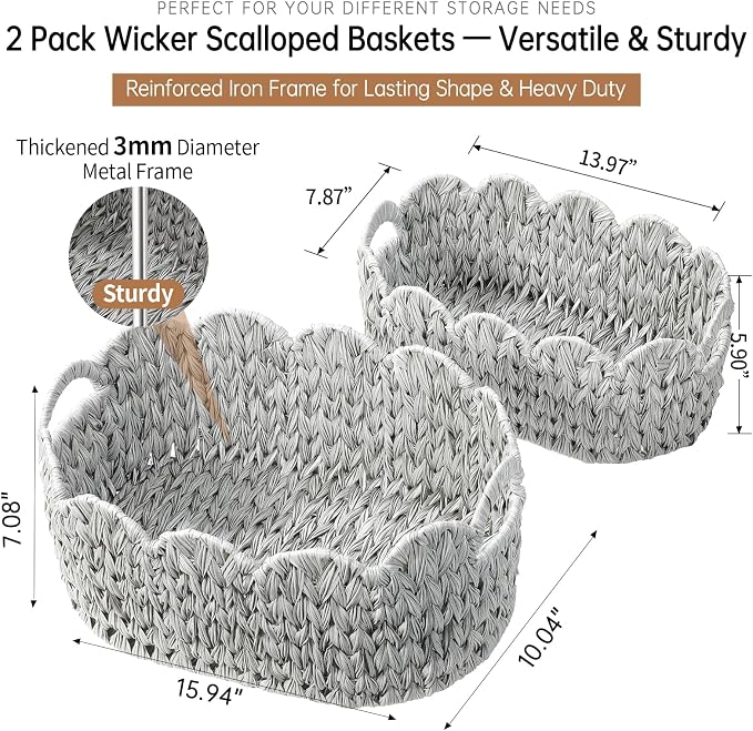 Coeusy Wicker Scalloped Basket Set of 2, Woven Storage Baskets - Image 3