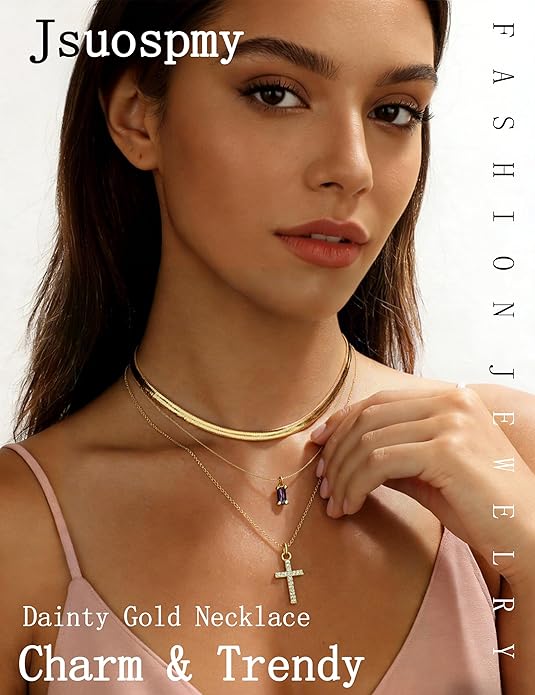 3Pcs Gold Layered Necklaces for Women, 14K Gold Plated Cross Necklace, Dainty Birthstone Necklace for Women, Herringbone Gold Necklaces Set, Stackable Women's Gold Pendant Necklaces Jewelry Set