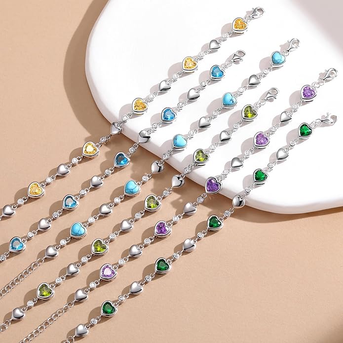 Carleen Birthstone Bracelets for Women 925 Sterling Silver Five Heart Station Created Gemstone Tennis Bracelet Jewelry Anniversary Birthday for Wife, 7"+1.2" Extender