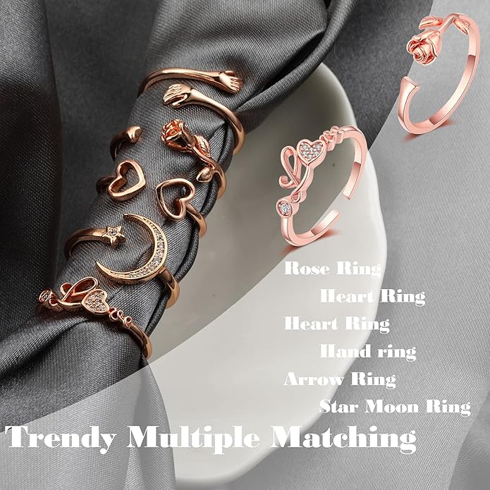 KOHOTA 12PCS Adjustable Knuckle Rings for Women 14K Gold Plated Silver Simple Stacking Rings Pack Open Knot Star Moon Butterfly Dainty Thumb Ring Set for Women