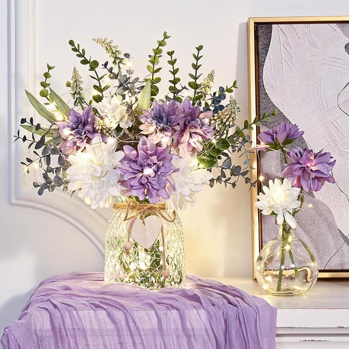 Fake Flowers in Vase with Lights, Faux Dahlia Flowers in Vase - Image 2
