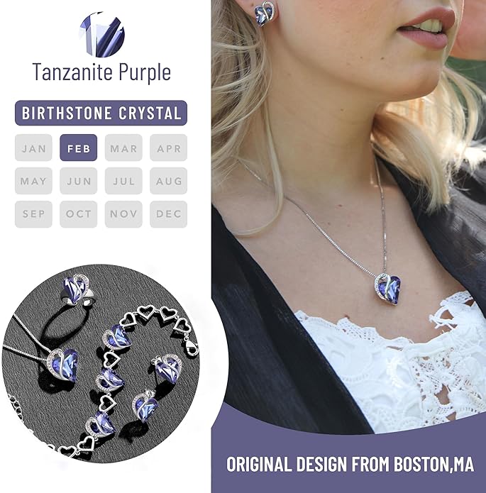Leafael Valentine's Day Gift Necklaces for Women, Infinity Love Birthstone Heart Crystal Pendant, Birthday Anniversary Jewelry for Wife, Mom, and Her, Silver Plated, 18" + 2" Adjustable Chain