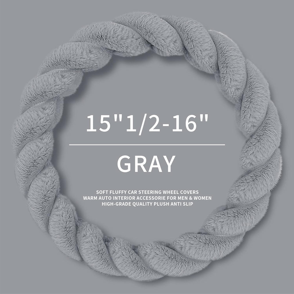 Luxury Fluffy Winter Car Steering Wheel Cover for Women Soft Warm Cute Auto Accessories for Jeep, Truck, Van, F150, Universal, Fuzzy, Anti Slip, Gray, Large Size, 15.2-16in