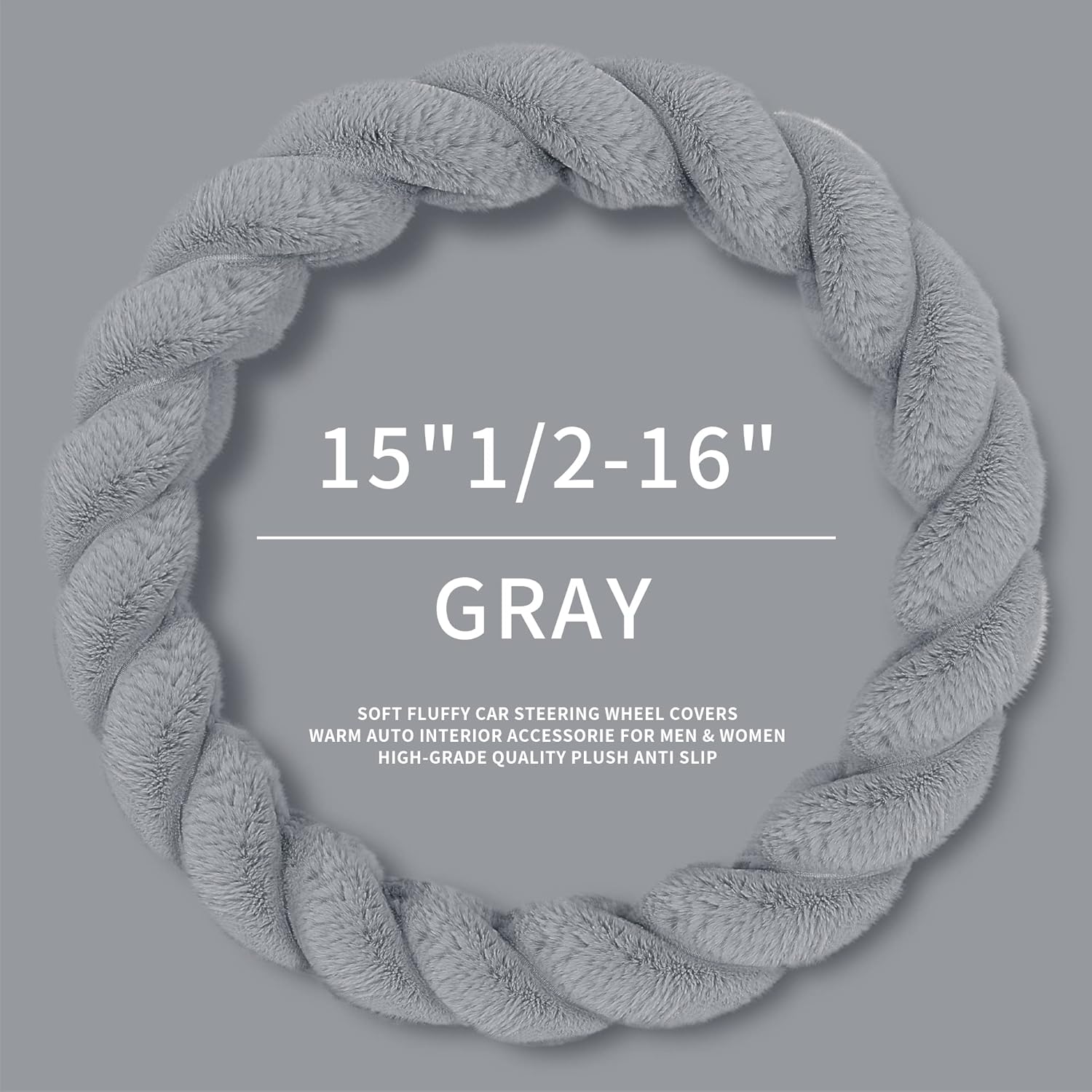 Luxury Fluffy Winter Car Steering Wheel Cover for Women Soft Warm Cute Auto Accessories for Jeep, Truck, Van, F150, Universal, Fuzzy, Anti Slip, Gray, Large Size, 15.2-16in