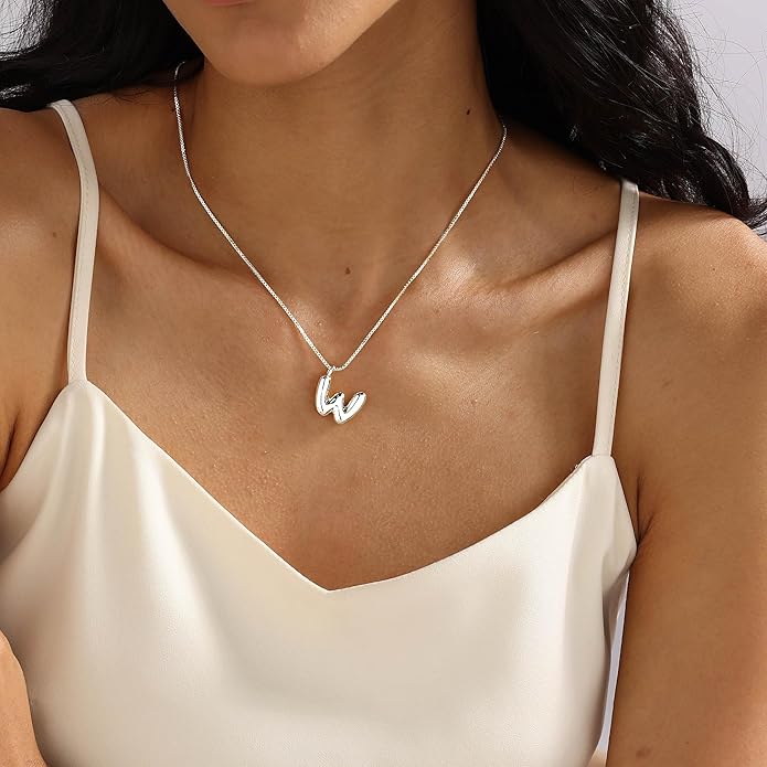 Bubble Gold Silver Letter Necklace Initial Necklaces for Women Trendy 14K Dainty Charm Pendant Name Necklace Personalized Jewelry Gift for Women Teen