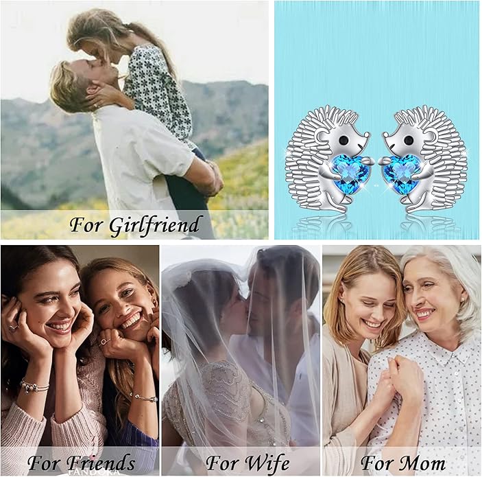 FLYOW 925 Sterling Silver Cute Animal Heart CZ Hedgehog Pendant Necklace and Stud Earrings Bracelet Set for Women Birthday Jewelry