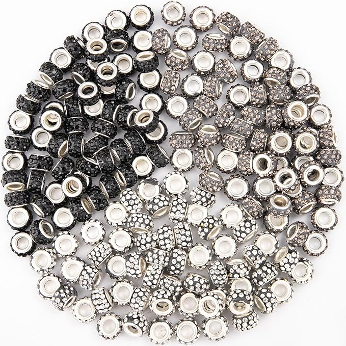 200 Pieces European Large Hole Spacer Beads, Zyehxed Black European Craft Beads Rhinestone Lampwork Beads Garden Beads for DIY Charms Bracelet Necklace Earring Jewelry Making Supplies