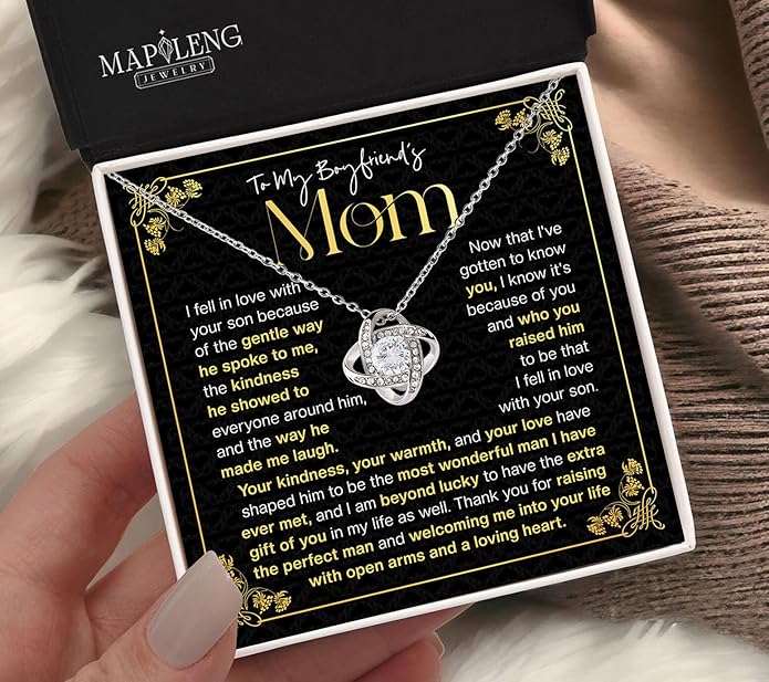 To My Boyfriend's Mom Love Knot Necklace, Elegant Jewelry Gift From Girlfriend, Meaningful Mothers Day Surprise, Birthday Christmas Keepsake With Heartfelt Message