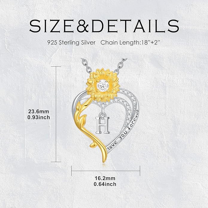 Initial Necklace 925 Sterling Silver Sunflower Heart Letter Pendant Alphabet Anniversary Birthday Jewelry Gifts for Women Mom Girlfriend Wife Her