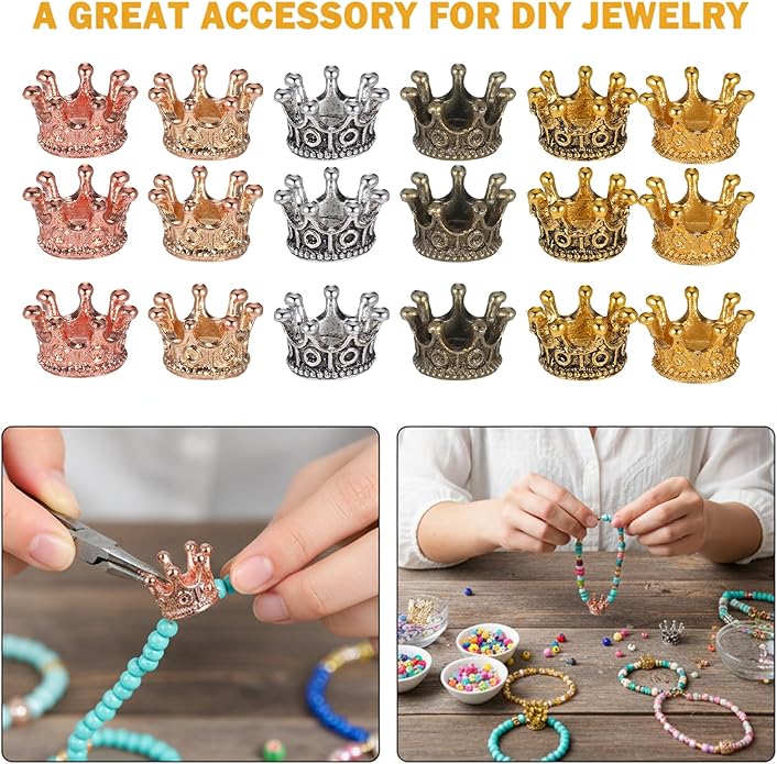 30 PCS Mini Crowns for Crafts, Mixed Color Vintage Crown Charms 3D Alloy King Crown‘s Beads Large Hole Spacer Beads for DIY Crafts Jewelry Necklace Making Supplies