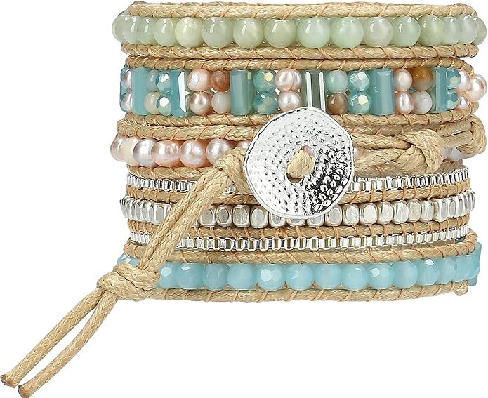 Bracelet for Women – Handmade Vegan Boho Natural Stone Layered Bracelet, Thailand Bohemian Stackable Beaded Wrap Bracelets, Summer Hippie Bracelet Stack, Fashion Jewelry Gifts