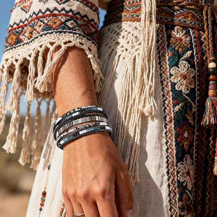 Wrapped Bracelets for Women,Leather Bracelet,Boho Bracelets for Women,Multi-Layer Pearl Crystal Bracelet Bangle Jewelry
