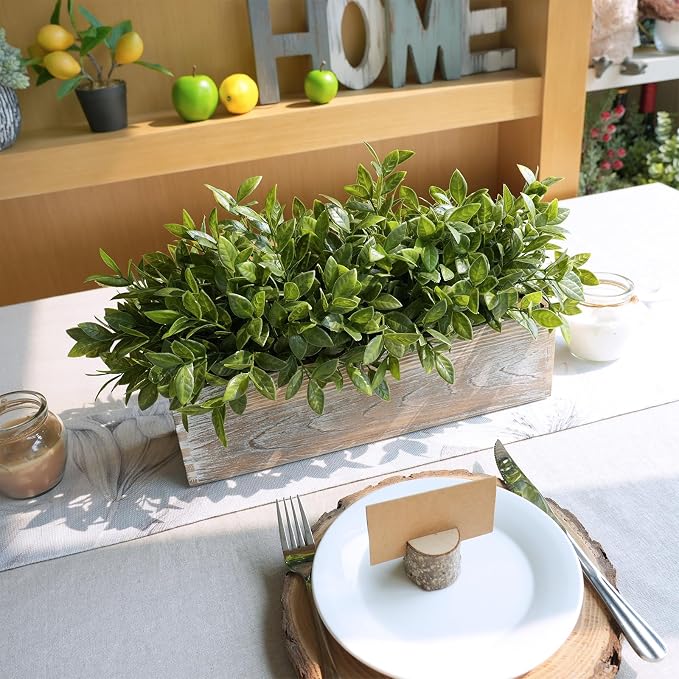 Winlyn 14" Faux Boxwood Plant in Rectangular Wood Planter Box Rustic Greenery - Image 7