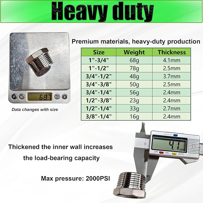 2 Pcs 304 Stainless Steel 1" Male to 1/2" Female Reducer Bushing, 1 Inch MNPT - Image 5
