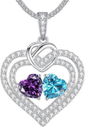 LOUISA SECRET Sparkling Double Heart Birthstone Necklaces for Women, 925 Sterling Silver Fine Jewelry, Pendant Heart Necklaces Birthday Anniversary Christmas Gift for Women Wife Mom Girlfriend Lady