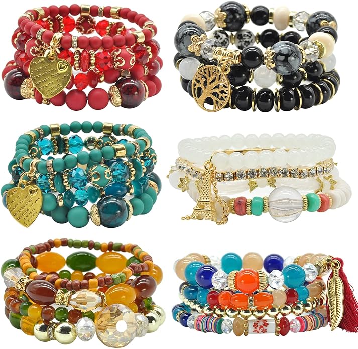 Bohemian Bracelet Sets for Women - 6 Sets Stackable Stretch Bracelets Multi-color Boho Jewelry for Women Hippie Bracelets Dainty Jewelry