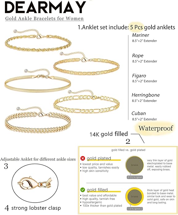 DEARMAY Dainty 14K Gold Plated Ankle Bracelets for Women, Waterproof 14K Gold Plated Link Chain Anklets Non Tarnish Set Pack Summer Beach Jewelry Gift