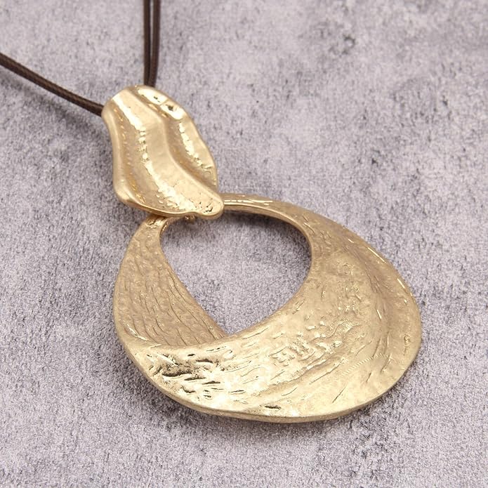 GelConnie Leather Necklace for Women Large Pendant Long Brown Necklace Circle Leather Choker Vintage Sweater Necklace Gold Chunky Boho Necklaces for Women